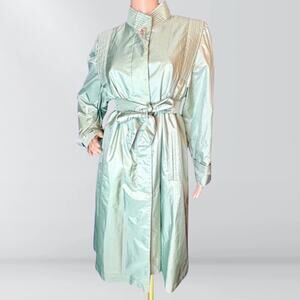 Vintage 1980s Fleetstreet Sage Green Ribbed Panel Futuristic Style Trench Coat